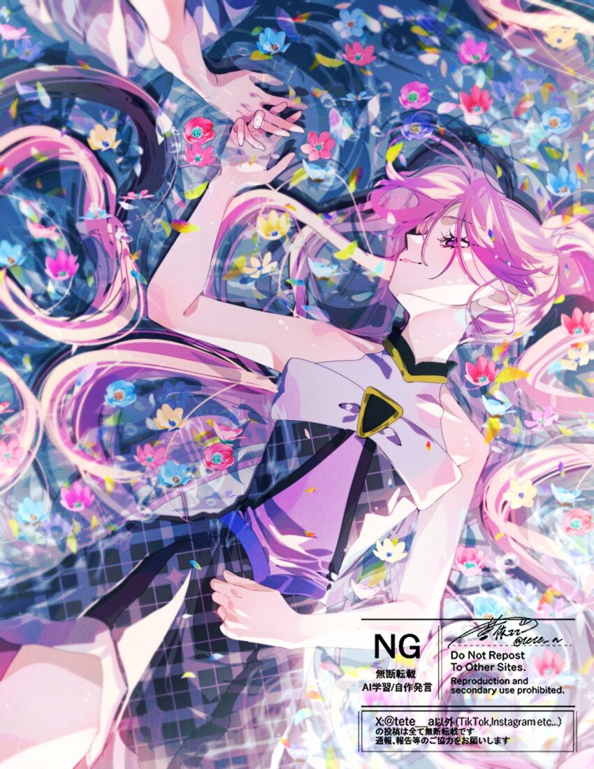 1girl aoi_tete artist_logo bare_arms bare_shoulders black_choker black_hair braid choker cosmos_(flower) cure_kiss diamond_brooch dress facing_another flower gingham_dress gradient_hair hand_on_another&#039;s_hand highres holding_hands kimi_to_idol_precure logo long_hair looking_at_another looking_to_the_side looking_up lying lying_on_water meroron_(human_form) multicolored_hair on_back parted_bangs petals pink_hair pink_petals precure purple_dress purple_eyes purple_petals sideways_face sideways_glance signature skirt sleeveless sleeveless_dress solo solo_focus taking_another&#039;s_hand twin_braids twintails twitter_username very_long_hair water watermark wind wind_lift