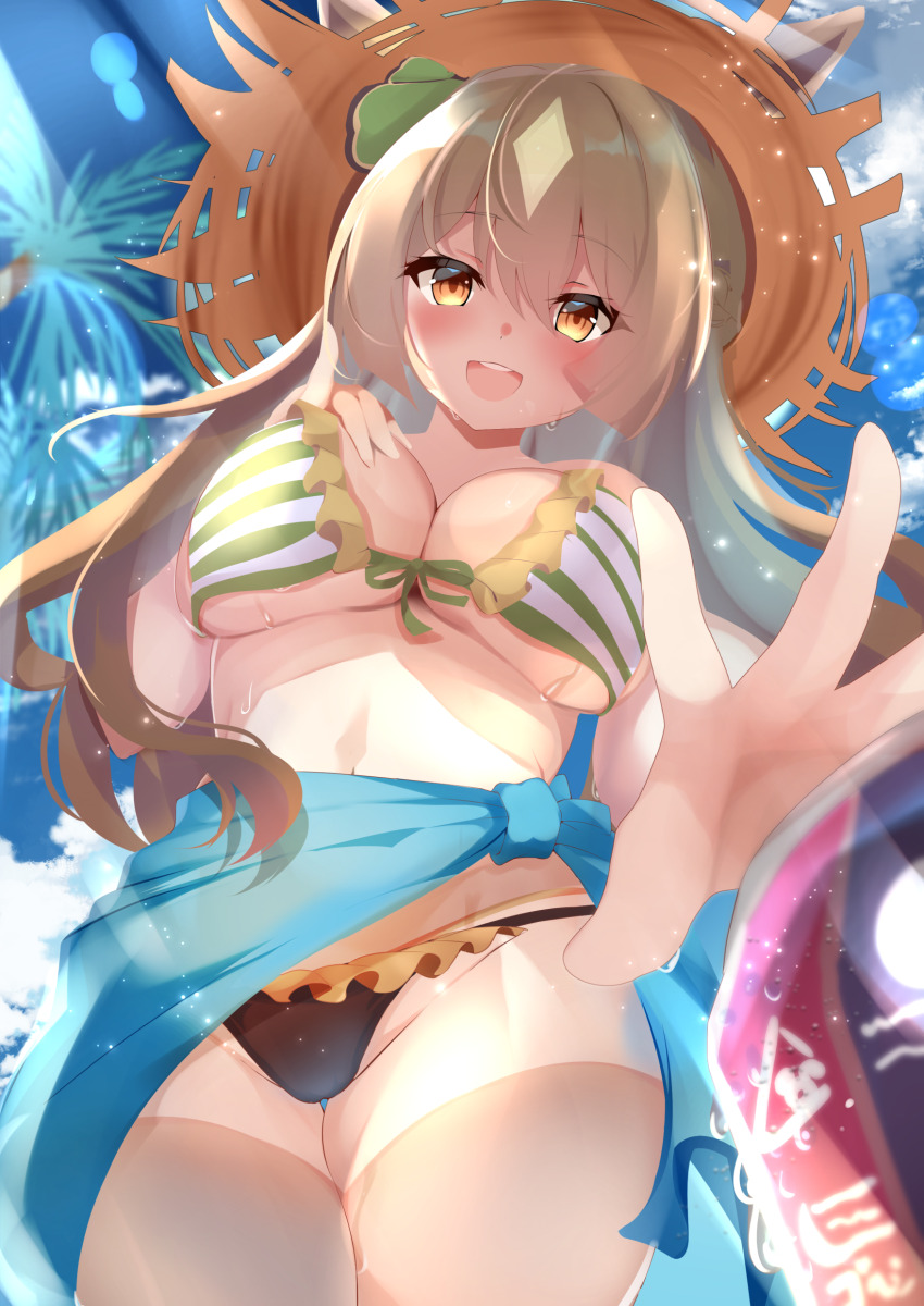 1girl :d absurdres akiba_monaka animal_ears beach bikini black_bikini blue_jacket blue_sky braid breasts brown_eyes brown_hair can cleavage clothes_around_waist cloud commentary_request day double-parted_bangs drink_can ear_ornament frilled_bikini frills hair_ribbon half_up_braid hat highres horse_ears horse_girl jacket jacket_around_waist large_breasts lens_flare long_hair mismatched_bikini multicolored_hair navel open_mouth outdoors palm_tree reaching ribbon satono_diamond_(umamusume) see-through_clothes see-through_legwear sky smile soda_can solo straw_hat streaked_hair striped_bikini striped_clothes sun_hat swimsuit teeth thighhighs thighs tree umamusume underboob upper_teeth_only