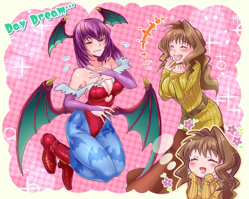2girls ^_^ annoyed belt blue_pantyhose blush boots breasts brown_belt brown_hair cleavage closed_eyes commentary commission cosplay english_commentary hair_behind_ear hair_intakes head_wings highres imagining jinguuji_marimo kouzuki_yuuko kzgr leotard lilith_(darkstalkers) lilith_(darkstalkers)_(cosplay) long_hair low_wings medium_breasts medium_hair multiple_girls muv-luv open_mouth pantyhose print_pantyhose red_eyes red_footwear red_leotard ribbed_sweater role_reversal second-party_source skeb_commission sweater darkstalkers wings yellow_sweater