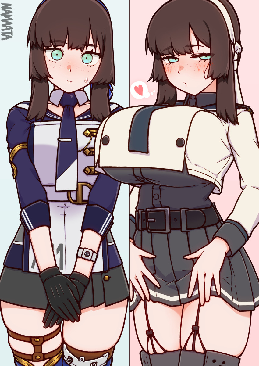 absurdres alternate_breast_size aqua_eyes belt black_belt black_gloves black_skirt blush breasts brown_hair buttons commentary_request commission cosplay freckles garter_straps gloves hairband heart highres huge_breasts jacket kantai_collection long_sleeves looking_at_viewer mogador_(kancolle) multiple_views namaata necktie noshiro_(kancolle) noshiro_kai_ni_(kancolle) noshiro_kai_ni_(kancolle)_(cosplay) own_hands_together shirt signature simple_background skeb_commission skirt spoken_heart sweat thigh_strap thighhighs white_hairband