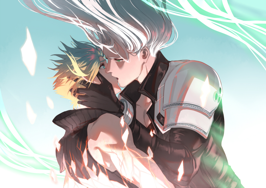 2boys armor bare_shoulders black_gloves black_jacket black_shirt blonde_hair blue_background blue_eyes cloud_strife eilinna final_fantasy final_fantasy_vii final_fantasy_vii_advent_children gloves green_eyes grey_hair half-closed_eyes hand_in_another&#039;s_hair high_collar jacket lifestream long_hair long_sleeves male_focus multiple_boys sephiroth shirt short_hair shoulder_armor sleeveless sleeveless_shirt spiked_hair upper_body wide-eyed wind yaoi