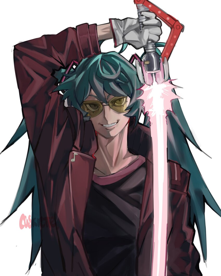 1girl absurdres arm_up aviator_sunglasses beam_katana blue_hair collarbone commentary cosplay energy_sword english_commentary eyelashes fayee_o grin hair_ornament hatsune_miku highres holding holding_sword holding_weapon jacket long_hair no_more_heroes open_clothes open_jacket smile solo sunglasses sword travis_touchdown travis_touchdown_(cosplay) twintails vocaloid weapon white_background