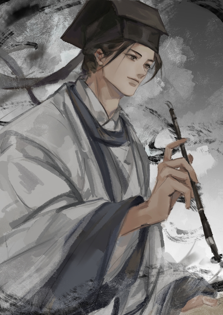 111218422 1boy absurdres black_hair black_hat black_smoke brown_eyes calligraphy_brush chinese_clothes chinese_commentary closed_mouth dao_gui_yi_xian flute grey_background hanfu hat hat_ribbon highres holding holding_calligraphy_brush holding_paintbrush ink instrument jin_(headwear) long_hair long_sleeves looking_down male_focus paintbrush ribbon robe smile smoke solo updo upper_body white_hanfu wide_sleeves writing zhouzi_jin_(headwear) zhuge_yuan
