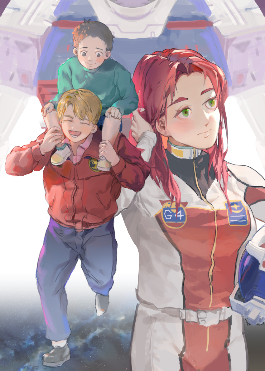 1girl 2boys absurdres alfred_izuruha bernard_wiseman black_eyes blonde_hair brown_hair carrying child christina_mackenzie earth_federation_space_forces emblem green_eyes gundam gundam_0080 gundam_alex hand_in_own_hair highres jacket laughing long_hair machinery mecha mobile_suit multiple_boys piggyback pilot_suit red_hair robot short_hair