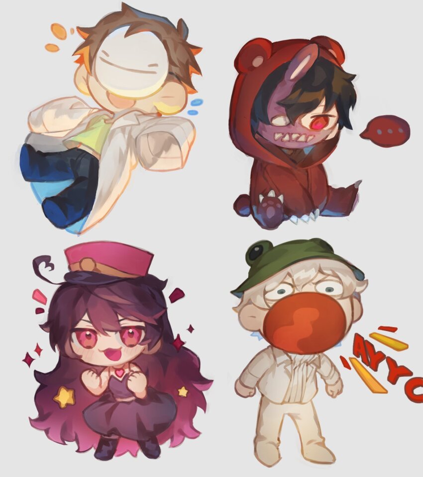 1girl 3boys :3 ahoge alternate_costume animal_costume animal_ears bear_costume black_hair boomerna brown_hair chibi chibi_only chinese_commentary commentary_request corpse_husband cosplay damelives dream_(youtuber) dress fake_animal_ears frog_hat full_body grey_background hat heart heart_ahoge highres indie_virtual_youtuber kepi kigurumi long_hair mask military_hat minecraft_youtube multiple_boys open_mouth pink_eyes real_life short_hair shouting smile speech_bubble very_long_hair vgumiho virtual_youtuber white_hair