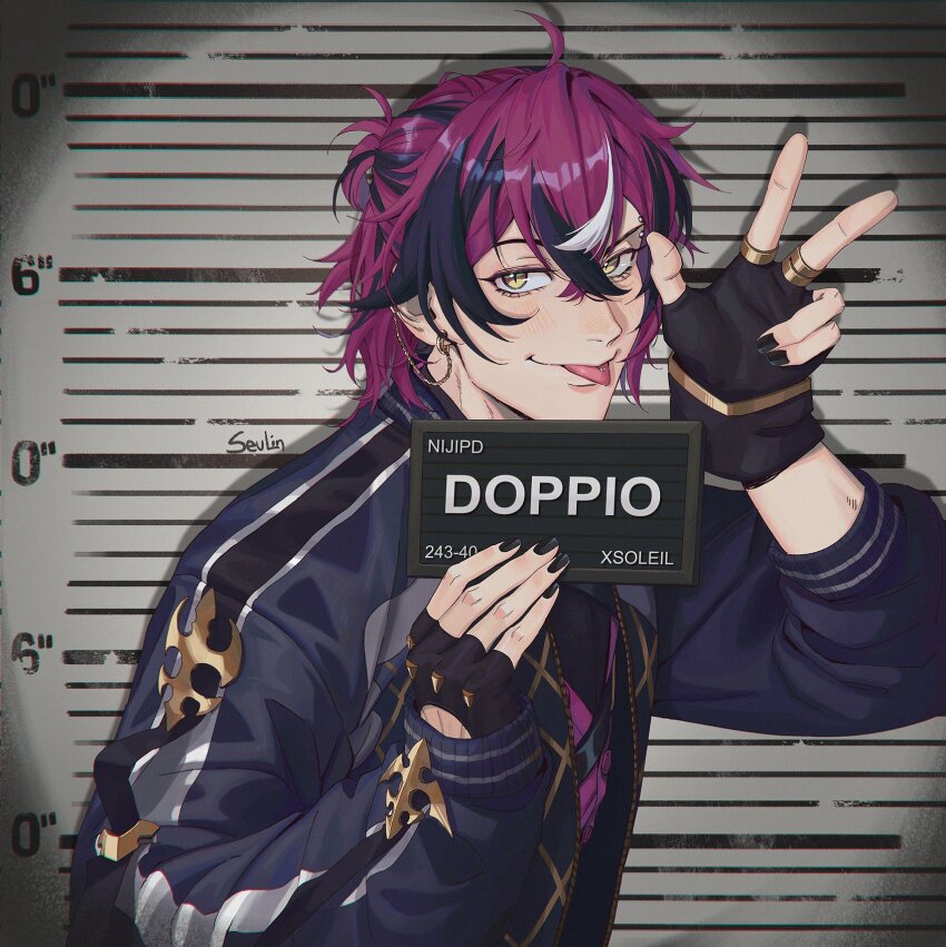 1boy :p ahoge artist_name barbie_(franchise) barbie_(live_action) barbie_mugshot_(meme) black_gloves black_hair black_nails black_shirt black_undershirt blue_jacket blush buttons character_name closed_mouth commentary crossed_bangs doppio_dropscythe doppio_dropscythe_(1st_costume) earclip earrings english_commentary eyebrow_piercing face_piercing fingerless_gloves fingernails gloves gold_earrings hair_between_eyes hands_up height_chart height_mark highres holding holding_sign jacket jewelry long_sleeves looking_at_viewer male_focus medium_hair meme mugshot multicolored_hair nail_polish nijisanji nijisanji_en open_clothes open_jacket piercing purple_hair purple_shirt seulin shirt sidelocks sign signature sleeves_past_wrists smile solo spot_color streaked_hair tongue tongue_out tongue_piercing undershirt upper_body virtual_youtuber white_hair yellow_eyes