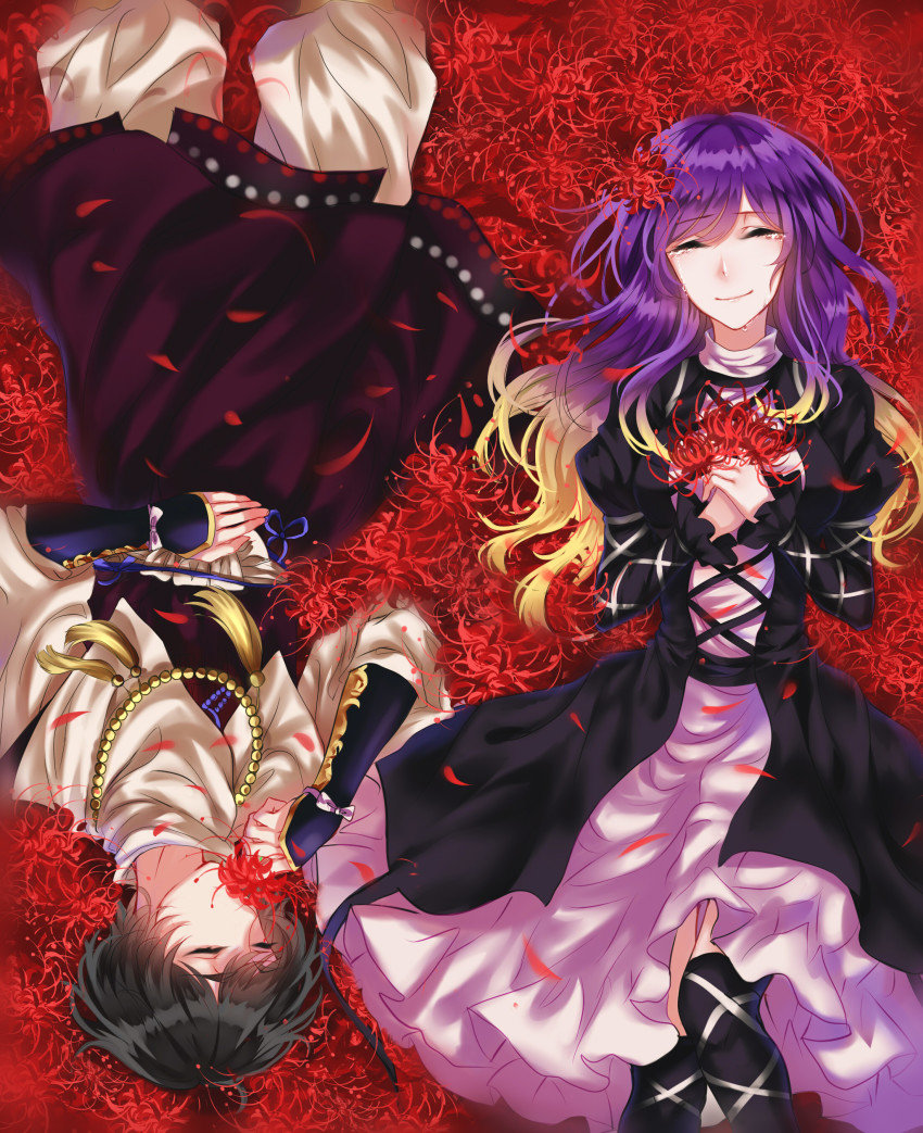 1boy 1girl absurdres bad_id bad_pixiv_id beads black_dress black_footwear black_hair blonde_hair boots breasts brother_and_sister crying dress flower gauntlets gradient_hair happy happy_tears highres hijiri_byakuren hijiri_myouren holding holding_flower juliet_sleeves knee_boots layered_dress long_sleeves lying monk multicolored_hair on_back petals prayer_beads puffy_sleeves purple_hair robe sheya short_hair siblings smelling smelling_flower smile spider_lily streaming_tears tears touhou turtleneck white_dress