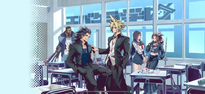 2girls 3boys aerith_gainsborough aerith_gainsborough_(midgard_seventh_high_school) barret_wallace barret_wallace_(midgard_seventh_high_school) character_doll cloud_strife cloud_strife_(midgard_seventh_high_school) dark-skinned_male dark_skin desk final_fantasy final_fantasy_vii final_fantasy_vii_ever_crisis game_screenshot highres long_skirt mask moogle mouth_mask multiple_boys multiple_girls official_alternate_costume official_art reference_sheet sailor_collar skirt spiked_hair third-party_source tifa_lockhart tifa_lockhart_(midgard_seventh_high_school) zack_fair zack_fair_(midgard_seventh_high_school)