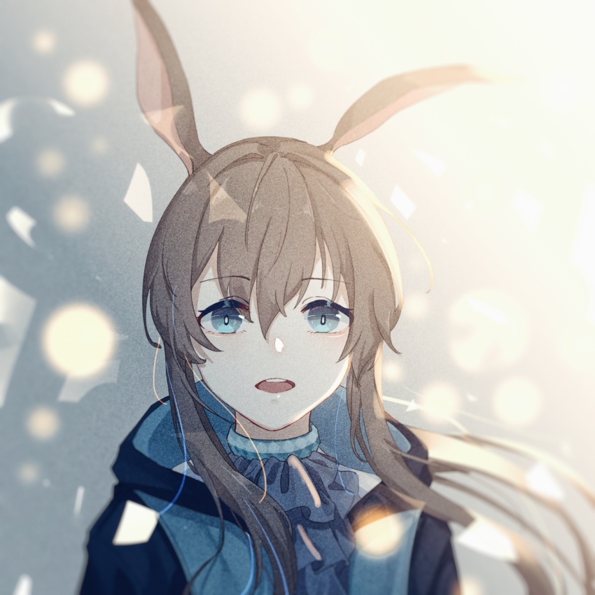 1girl amiya_(arknights) animal_ears arknights ascot backlighting bloom blue_ascot blue_collar blue_eyes blue_jacket blurry bokeh bright_pupils brown_hair collar commentary_request depth_of_field film_grain hair_between_eyes hair_intakes heavy_film_grain huo_jian_chong_rudao_76 jacket long_hair looking_at_viewer open_mouth rabbit_ears rabbit_girl short_hair_with_long_locks solo teeth upper_body upper_teeth_only white_pupils
