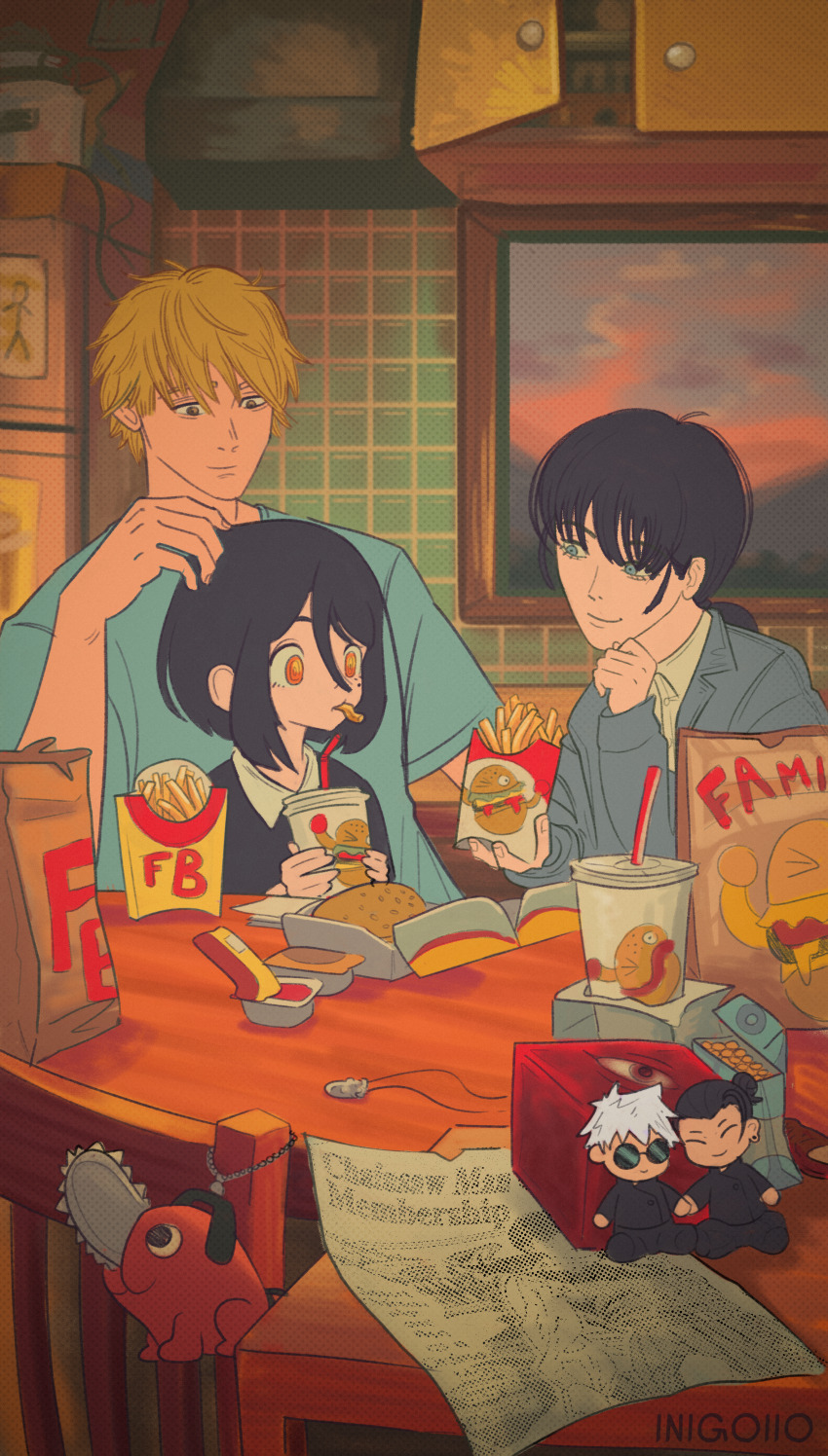1boy 2girls absurdres artist_name bag black_hair black_sweater blonde_hair blue_jacket blue_shirt burger chainsaw_man commentary cup denji_(chainsaw_man) disposable_cup drink drinking_straw eating english_commentary fast_food food french_fries getou_suguru gojou_satoru highres holding holding_food indoors inigoiio jacket jujutsu_kaisen mcdonald&#039;s mitaka_asa multiple_girls nayuta_(chainsaw_man) parody pochita_(chainsaw_man) prison_realm_(jujutsu_kaisen) sauce shirt soda stuffed_animal stuffed_toy sweater table time_paradox white_shirt window yoru_mac