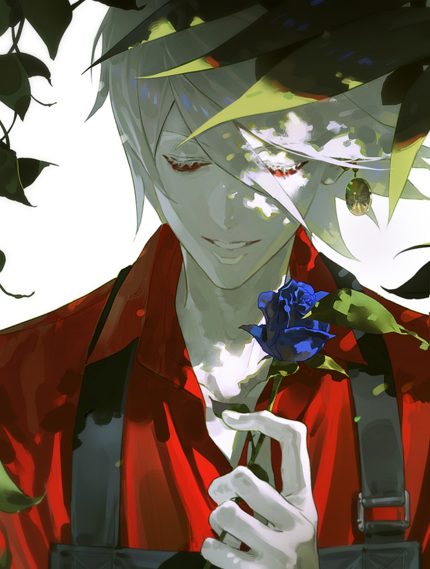 1boy blue_eyes blue_flower blue_rose closed_eyes earrings fate/grand_order fate_(series) flower gy0zax2 hair_between_eyes highres holding holding_flower jewelry karna_(fate) male_focus pale_skin plant red_shirt rose shirt short_hair smile solo upper_body white_hair