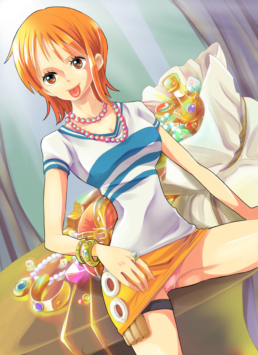 1girl absurdres bangle bracelet east_blue female_focus gold_bracelet highres himerinco jewelry miniskirt nami_(one_piece) nami_(one_piece)_(east_blue) necklace one_piece orange_hair panties pantyshot pink_panties ring shirt short_hair skirt solo striped_clothes striped_shirt thigh_strap tongue treasure two-tone_shirt underwear upskirt v-neck yellow_skirt