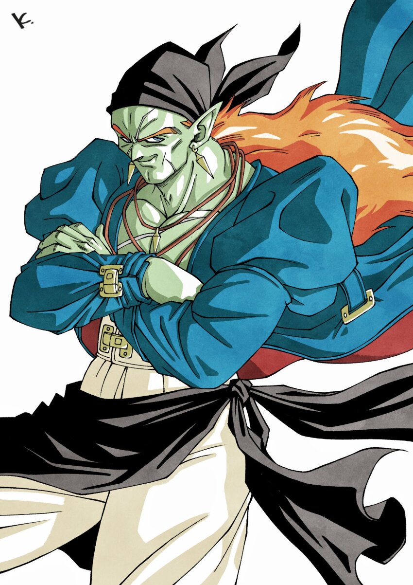 1boy alien baggy_pants bandana black_bandana black_sash bojack colored_skin crossed_arms dragon_ball earrings green_skin highres jewelry kakeru_(dbskakeru) long_hair orange_hair pants pointy_ears sash simple_background solo toriyama_akira_(style) waist_sash white_background white_pants