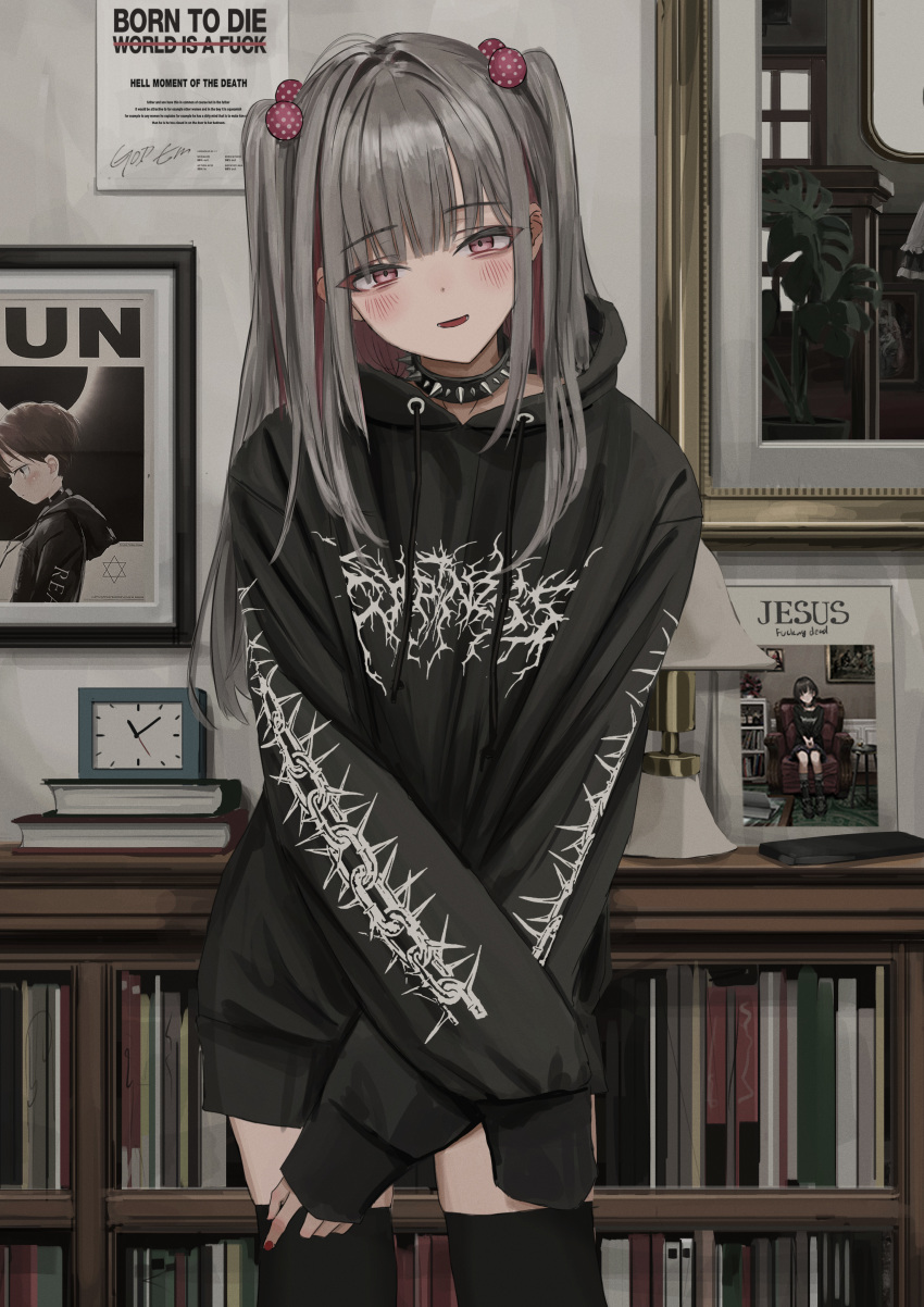 1girl absurdres artist_self-reference black_collar black_hoodie black_thighhighs blush book born_to_die_world_is_a_fuck_(meme) clock collar colored_inner_hair commentary cowboy_shot english_commentary english_text gishiki_(gshk) grey_hair hair_bobbles hair_ornament highres hood hoodie indoors jewelry lamp long_hair long_sleeves looking_at_viewer meme multicolored_hair original parted_lips pink_eyes pink_hair smile solo spiked_collar spikes standing thighhighs twintails