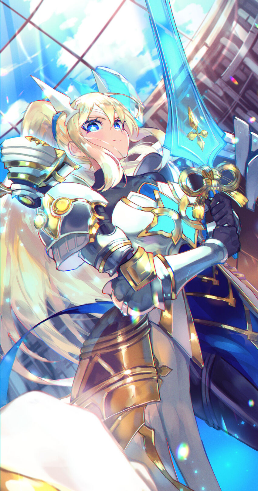 1girl absurdres armor armored_dress blonde_hair blue_eyes blush bookshelf breastplate breasts closed_mouth cross-shaped_pupils day dome dress floating_headgear from_below gauntlets greatsword greaves headgear helmet highres holding holding_sword holding_weapon holy_saber_(shadowverse) indoors knight large_breasts light_particles light_rays long_hair looking_at_viewer magic orr_(kkkkbbbbc) ponytail shadowverse shoulder_armor side_slit smile standing sword symbol-shaped_pupils unworn_headwear unworn_helmet weapon