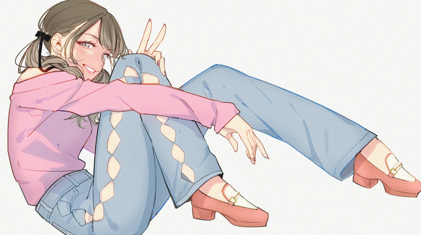 1girl aam09212 amane_sachika blonde_hair earrings full_body highres jewelry kamen_rider kamen_rider_gavv_(series) long_hair long_sleeves looking_at_viewer pants shirt simple_background sitting smile