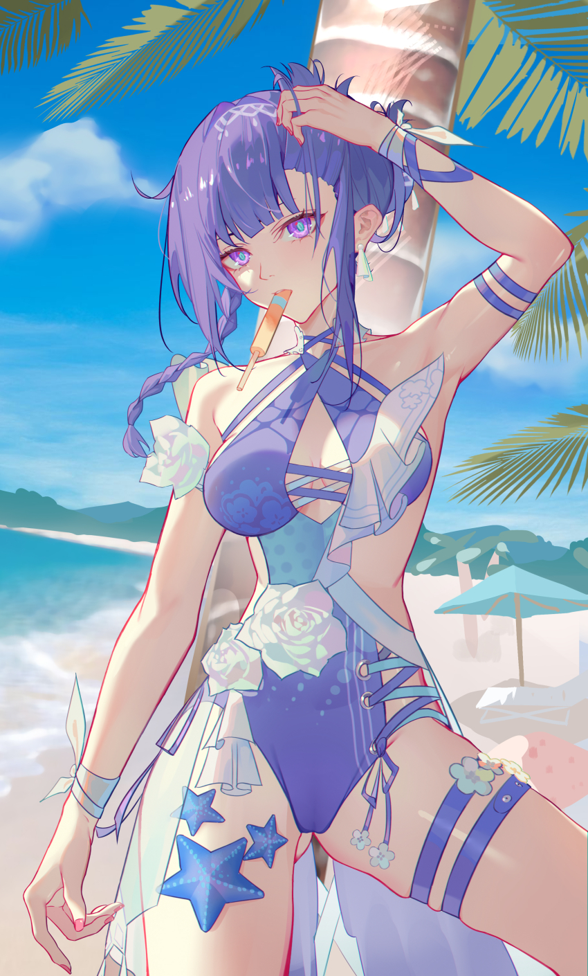 1girl absurdres arm_up bare_shoulders beach blue_sky breasts comet-c commentary_request day gluteal_fold highres honkai_(series) honkai_impact_3rd medium_breasts ocean official_alternate_costume outdoors purple_eyes raiden_mei raiden_mei_(crooning_tides) raiden_mei_(herrscher_of_origin) sky solo starfish thigh_strap tree