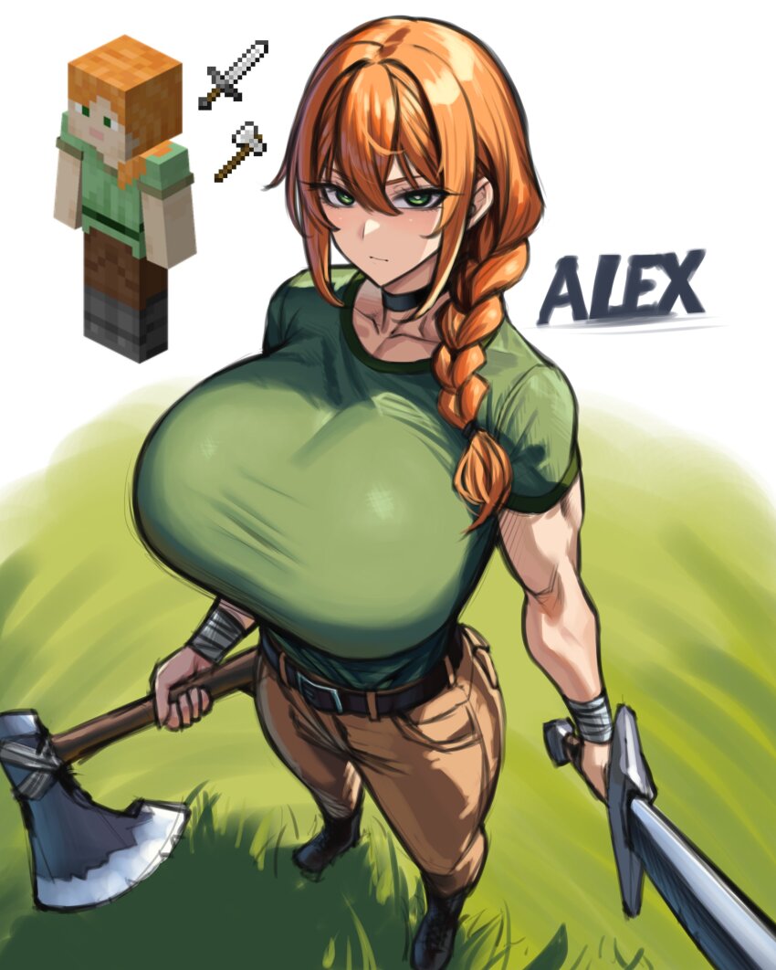 1girl absurdres alex_(minecraft) axe belt blush boots breasts choker green_eyes green_shirt highres holding holding_axe huge_breasts large_breasts long_hair looking_at_viewer minecraft minecraft_axe minecraft_sword open_mouth orange_hair pants shirt short_sleeves smile solo sword weapon white_background wolffeld_price