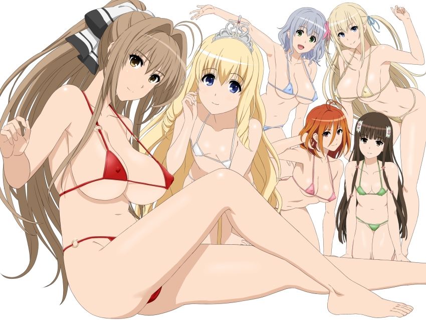 6+girls amagi_brilliant_park armpits bikini black_hair blonde_hair blue_eyes blue_hair bra breasts brown_eyes brown_hair collarbone cottage feet green_eyes highres koborii_(amaburi) large_breasts latifa_fleuranza long_hair looking_at_viewer multiple_girls muse_(amaburi) navel open_mouth panties red_eyes red_hair ribbon salama_(amaburi) sento_isuzu short_hair small_breasts smile swimsuit sylphy_(amaburi) underwear