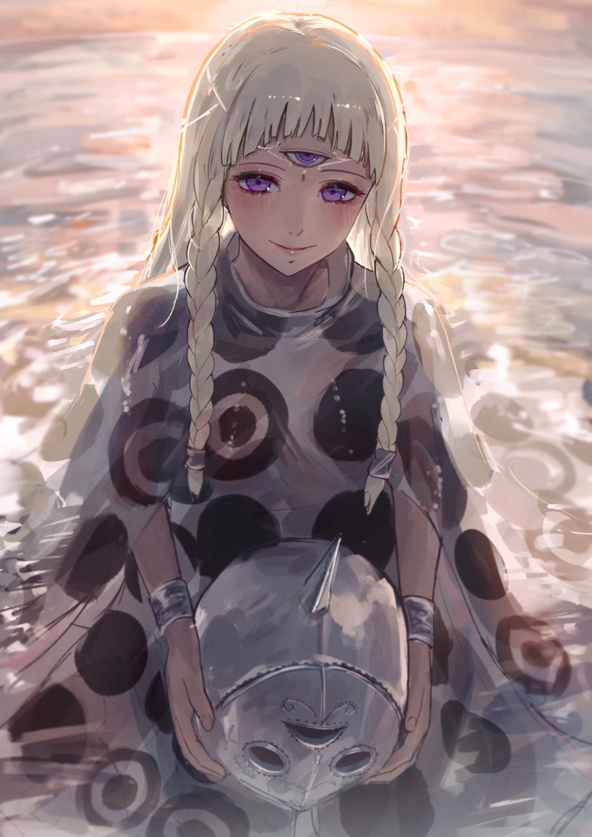 1girl arched_bangs blonde_hair blush braid circlet closed_mouth commentary_request eupha_(metaphor:_refantazio) eyelashes helmet highres holding holding_helmet long_hair metaphor:_refantazio purple_eyes sanshoku_dango_(shukosuko) smile solo third_eye twin_braids water