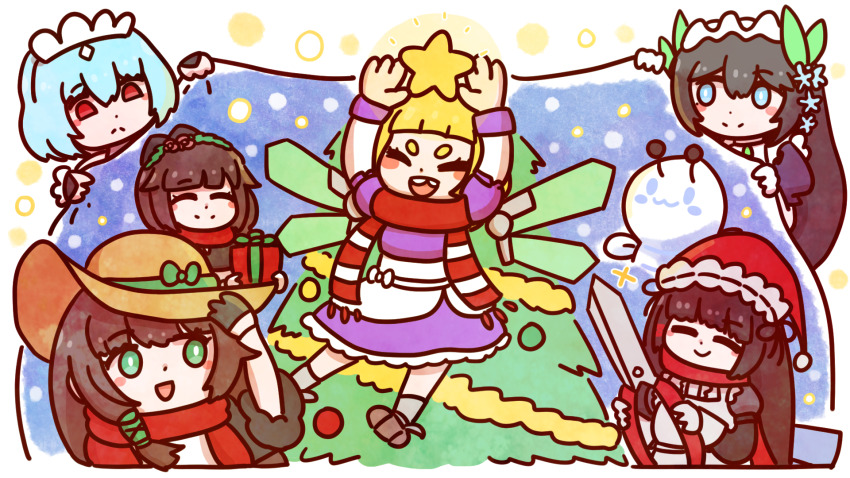 6+girls apron aqua_(last_origin) black_gloves black_hair blonde_hair blue_eyes blue_hair blunt_bangs blush_stickers brown_hair chibi christmas christmas_ornaments christmas_tree closed_eyes daphne_(last_origin) dryad_(last_origin) fingerless_gloves gift gloves highres holding holding_gift l.n last_origin maid maid_apron maid_headdress multiple_girls oberonia_rhea red_eyes scarf scissors_lise short_eyebrows siblings simple_background sisters snowman titania_frost white_background
