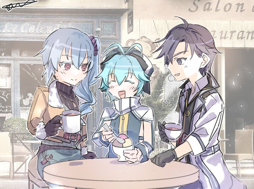 1boy 2girls ahoge antenna_hair black_hair blue_hair brown_eyes chibi claire_rieveldt closed_eyes coat cup double-parted_bangs eating eiyuu_densetsu food fur_collar fur_trim hair_between_eyes holding holding_cup holding_spoon ice_cream jacket long_hair millium_orion multiple_girls parted_bangs purple_eyes rean_schwarzer sen_no_kiseki sen_no_kiseki_(series) sen_no_kiseki_iii short_hair side_ponytail sitting spoon stool table yachi337