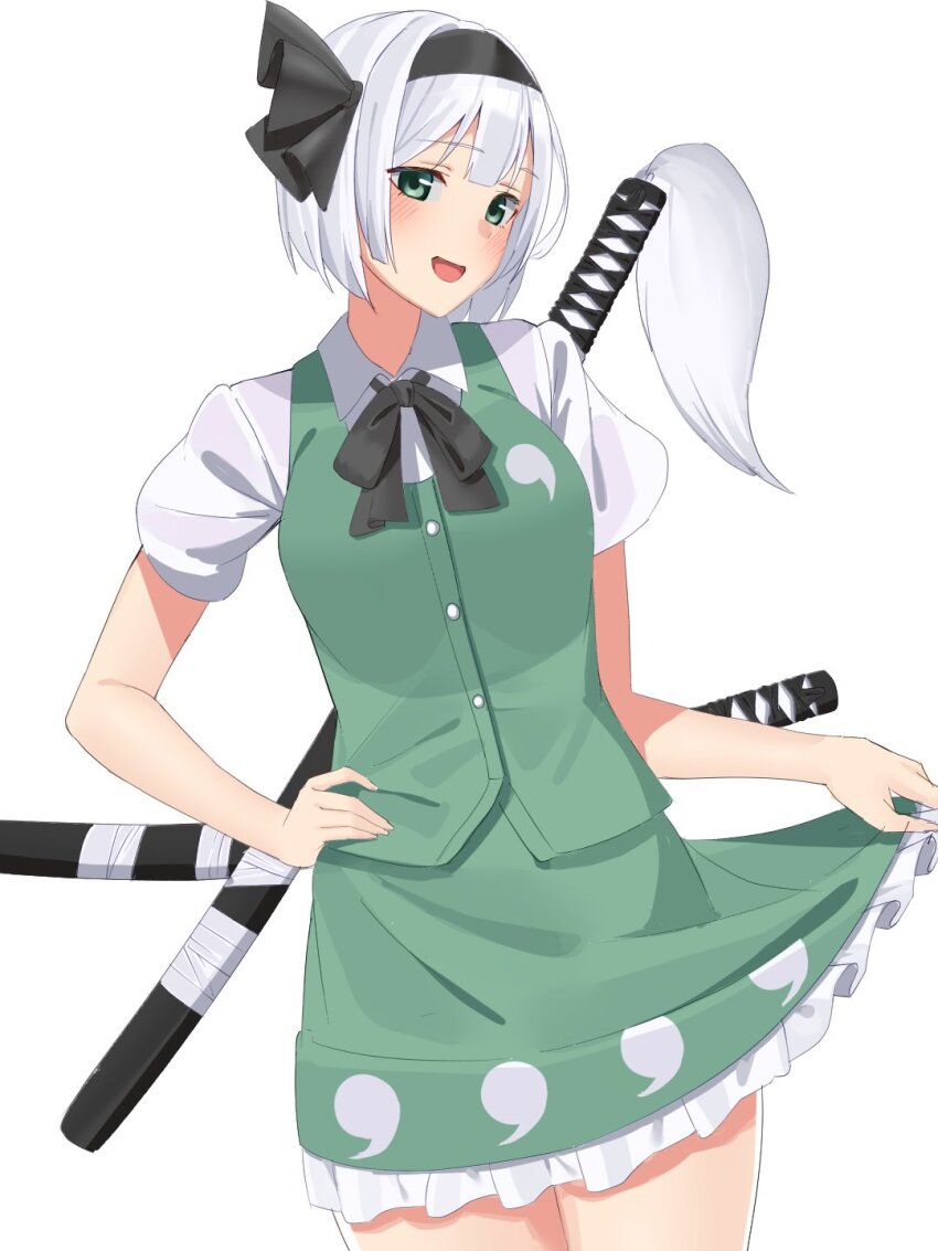 1girl black_ribbon blush bob_cut breasts cowboy_shot doitsuudon frilled_skirt frills green_eyes green_skirt grey_hair highres hitodama_print katana konpaku_youmu konpaku_youmu_(ghost) looking_at_viewer neck_ribbon ribbon shirt short_hair skirt skirt_hold skirt_set small_breasts solo sword touhou wakizashi weapon white_shirt
