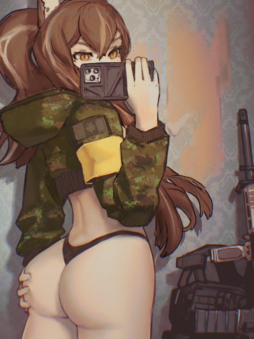 1girl absurdres animal_ears armband brown_hair bulletproof_vest cadpat callisto_(greyeth) canadian_flag character_name colt_canada_c7 commission crop_top fox_ears fox_girl grabbing_own_ass highres holding holding_phone hood hood_down long_hair notfuji original phone selfie wallpaper_(object) yellow_armband