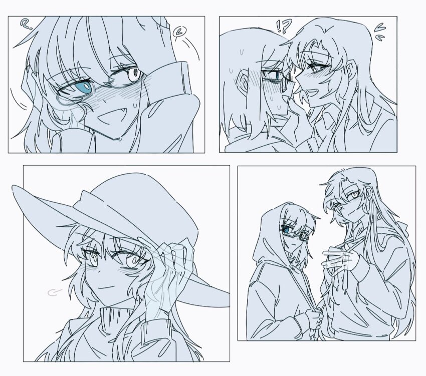 !? 2girls blue_eyes blush closed_mouth commentary_request ear_blush fang glasses greyscale hand_on_another&#039;s_face hat heart heterochromia hood hood_up hoodie invisible_limb kamikoshi_sorawo long_hair monochrome multiple_girls nishina_toriko open_mouth short_hair smile spot_color unhappyliz urasekai_picnic yuri