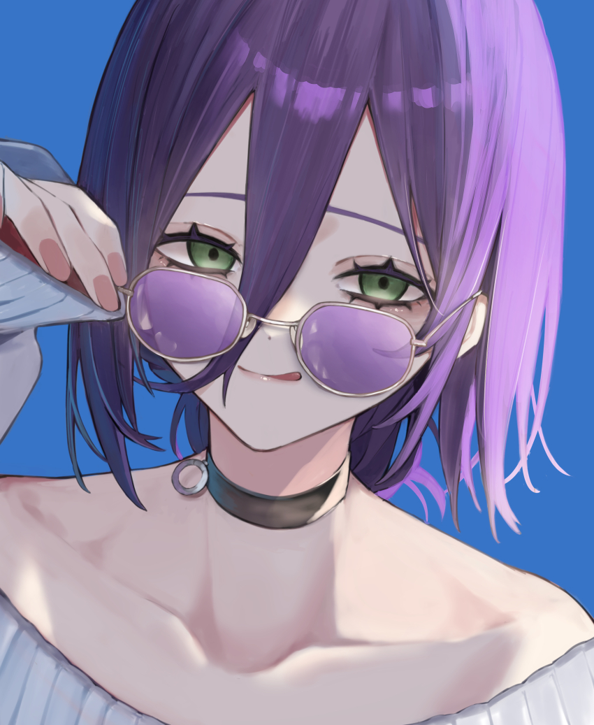 1girl absurdres black_choker blue_background chainsaw_man choker green_eyes grenade_pin grey_sweater highres jun_(30409972) medium_hair purple-tinted_eyewear purple_hair reze_(chainsaw_man) solo sweater tinted_eyewear tongue tongue_out