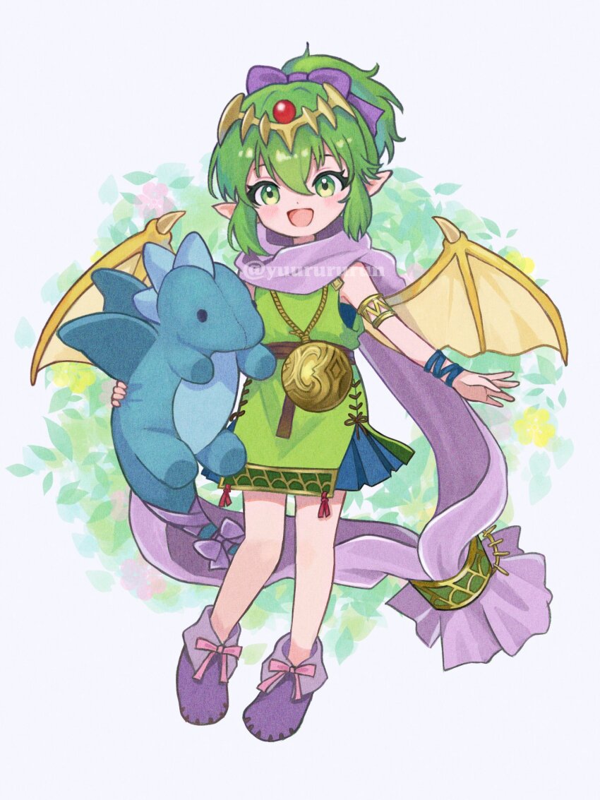 1girl aged_down armlet dragon dragon_girl dragon_wings fire_emblem fire_emblem:_mystery_of_the_emblem fire_emblem:_shadow_dragon_and_the_blade_of_light fire_emblem_heroes green_eyes green_hair highres holding holding_stuffed_toy jewelry looking_at_viewer nintendo open_mouth pendant pink_scarf pointy_ears ponytail scarf solo stuffed_animal stuffed_dragon stuffed_toy tiara tiki_(fire_emblem) tiki_(young)_(dragon&#039;s_progeny)_(fire_emblem) tiki_(young)_(fire_emblem) wings yuurururun