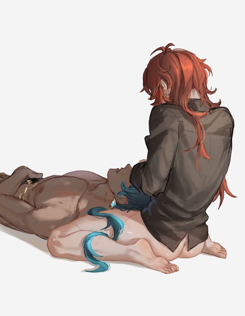 2boys ass black_shirt blue_hair bottomless diluc_(genshin_impact) earrings feet from_behind genshin_impact highres jewelry kaeya_(genshin_impact) long_sleeves male_focus multiple_boys nude red_hair scar scar_on_leg shirt simple_background sitting soles thighs toes wariza white_background yaoi zehuij