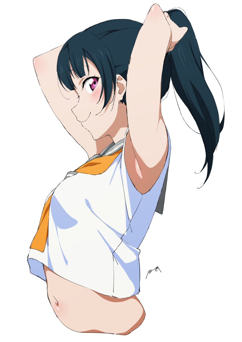 1girl adjusting_hair armpits arms_behind_head arms_up blue_hair cropped_torso from_side grey_sailor_collar highres long_hair looking_at_viewer love_live! love_live!_sunshine!! midriff nagi_mkrnpn navel ponytail profile purple_eyes sailor_collar school_uniform serafuku shirt signature simple_background sleeveless sleeveless_shirt smile solo summer_uniform tsushima_yoshiko tying_hair upper_body uranohoshi_school_uniform white_background white_shirt