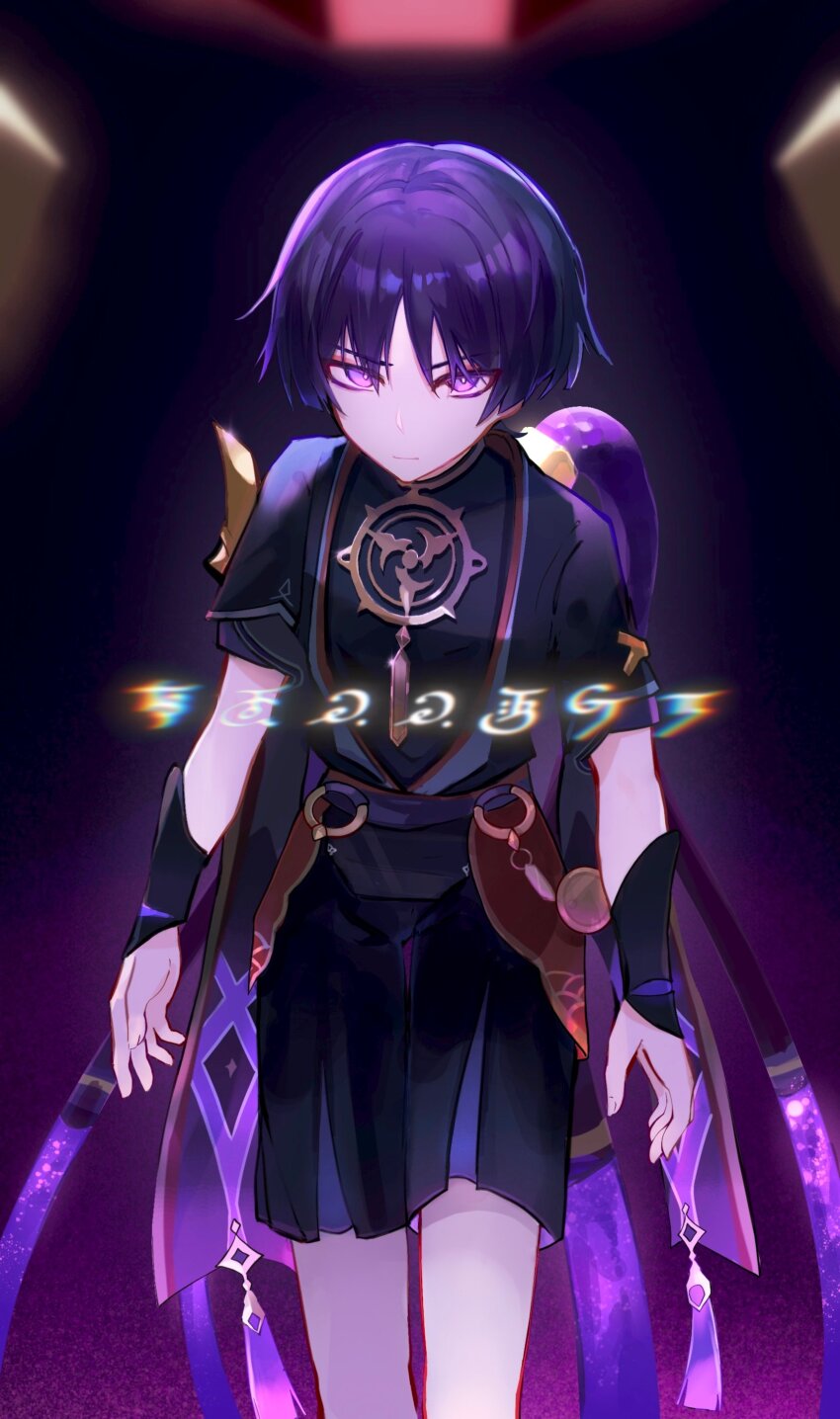 1boy absurdres arms_at_sides black_bodysuit black_shorts black_sleeves blunt_ends bodysuit bright_pupils cable closed_mouth covered_collarbone expressionless eyeliner eyeshadow fake_text fingernails furisode genshin_impact glowing glowing_eyes gold grey_sleeves highres japanese_clothes jewelry kimono language_request layered_shorts layered_sleeves looking_at_viewer makeup male_focus mitsudomoe_(shape) neck_ring o-ring open_hands purple_eyes purple_hair purple_sash purple_shorts purple_sleeves purple_theme red_eyeliner red_eyeshadow red_sash sash scaramouche_(genshin_impact) scaramouche_(shouki_no_kami)_(genshin_impact) short_sleeves shorts solo suyi42478390 tassel tomoe_(symbol) tsurime white_pupils wispy_bangs