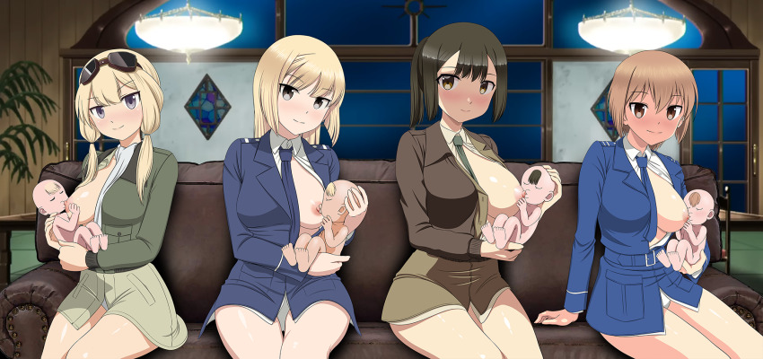 4girls baby blonde_hair blue_eyes blush breastfeeding breasts brown_eyes brown_hair carla_j._luksic closed_mouth couch geena_preddy goggles goggles_on_head highres indoors jennifer_j_deblanc large_breasts long_hair looking_at_viewer marian_e._carl military_uniform mother_and_child multiple_girls necktie nipples noble_witches on_couch one_breast_out ponytail smile toddler twintails wicchii world_witches_series