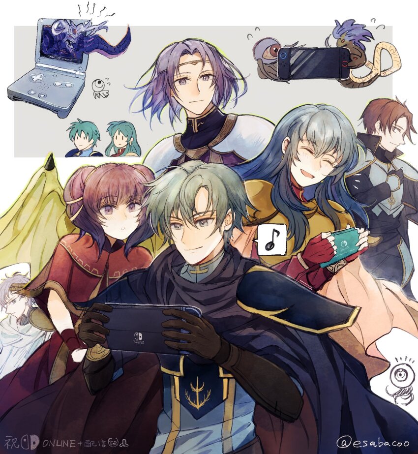 1other 2girls 5boys armor black_gloves blue_hair breastplate cape capelet circlet closed_eyes closed_mouth demon dragon_wings eirika_(fire_emblem) ephraim_(fire_emblem) fingerless_gloves fire_emblem fire_emblem:_the_sacred_stones fomortiis_(fire_emblem) game_boy_advance_sp gloves green_hair hand_on_own_chest handheld_game_console highres holding holding_handheld_game_console leaf_(esabacoo) long_hair lyon_(fire_emblem) mogall multiple_boys multiple_girls musical_note myrrh_(fire_emblem) nintendo nintendo_switch open_mouth pauldrons purple_eyes purple_hair red_eyes red_gloves red_hair saleh_(fire_emblem) seth_(fire_emblem) short_hair shoulder_armor smile spoken_musical_note twintails twitter_username wings