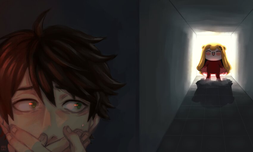 1boy 1girl :d absurdres backlighting blonde_hair blush_stickers brown_hair chibi covered_mouth covering_own_mouth facing_viewer furuyawn green_eyes highres long_hair looking_to_the_side min_suha nijisanji nijisanji_kr open_mouth scared seffyna shadow smile sweatdrop virtual_youtuber