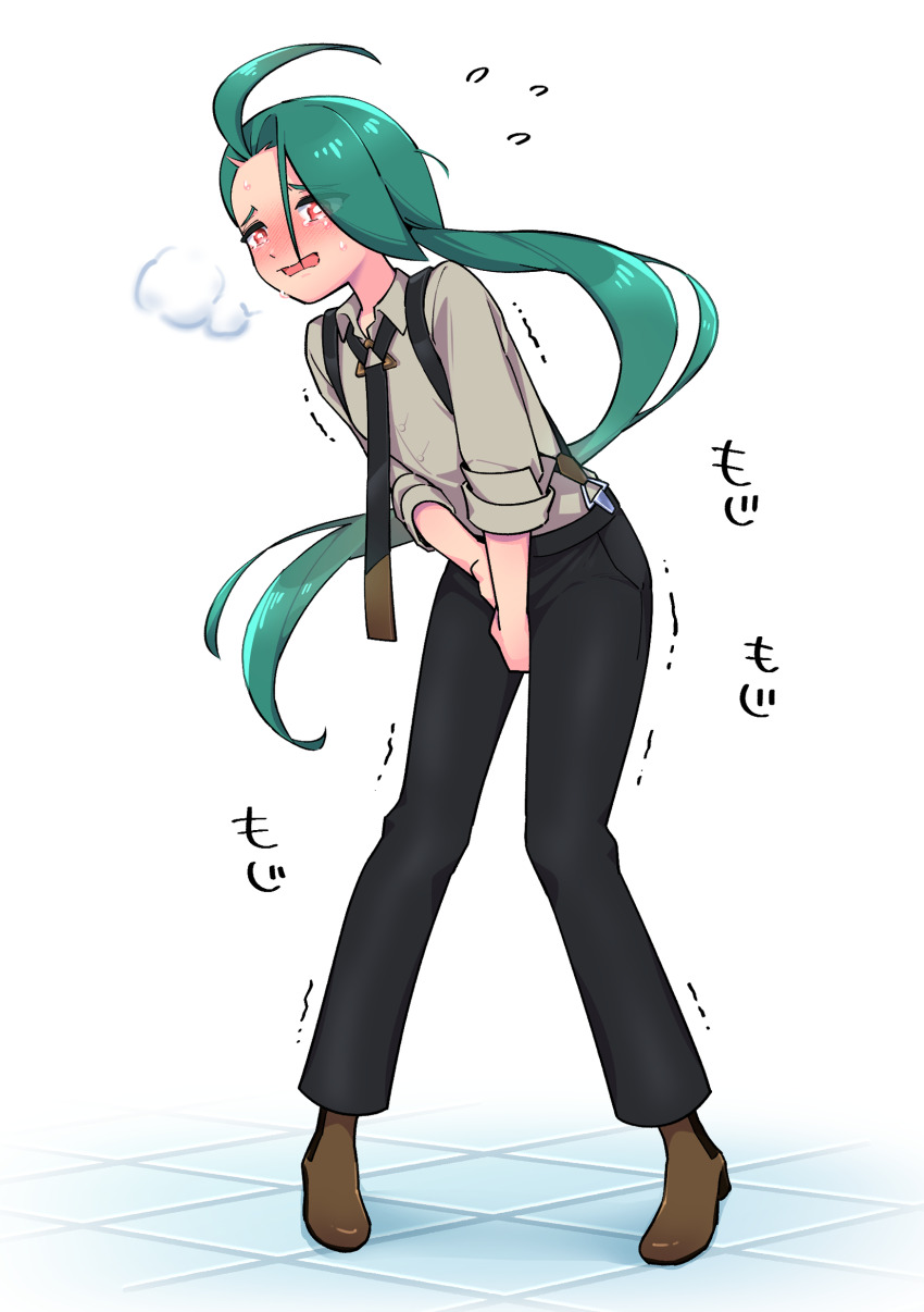 1girl absurdres ahoge aqua_hair between_legs black_necktie black_pants blush breath bright_pupils brown_shirt brown_shoes buttons collared_shirt embarrassed female_focus flat_chest flying_sweatdrops forehead hand_between_legs have_to_pee highres leaning_forward long_hair long_sleeves necktie nintendo nose_blush open_mouth own_hands_together pants pigeon-toed pocket pokemon pokemon_sv ponytail raised_eyebrows red_eyes rika_(pokemon) shirt shirt_tucked_in shoes sidelocks simple_background solo suspenders suzumushi_(tanpopo_cha) sweat tears tile_floor tiles trembling very_long_hair wavy_eyes white_background white_pupils