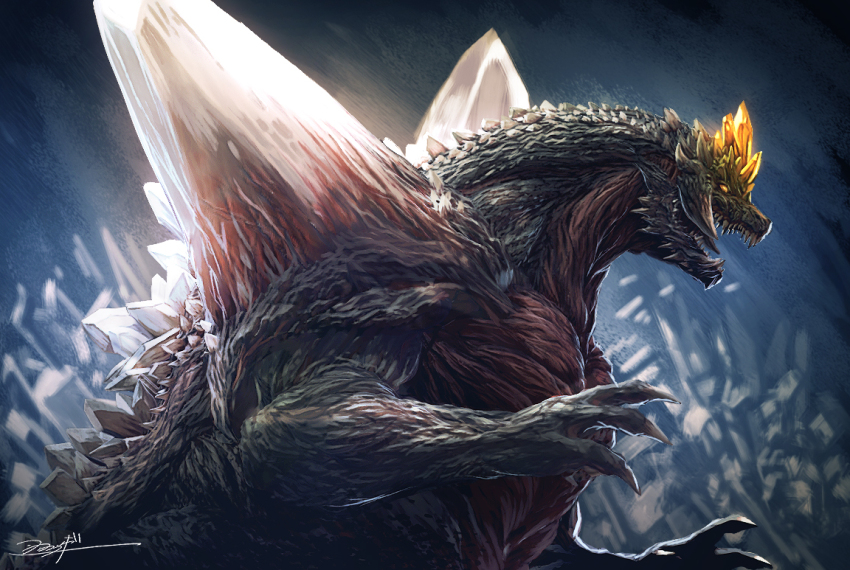 alien crystal crystal_fortress dinosaur epic giant giant_monster glowing godzilla_(series) godzilla_vs._spacegodzilla hanekura_bou kaiju monster no_humans spacegodzilla toho tusks