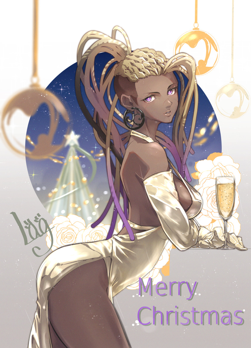 1girl absurdres alcohol artist_name backless_dress backless_outfit bare_shoulders breasts champagne champagne_flute christmas cup dark-skinned_female dark_skin dreadlocks dress drinking_glass earrings elbow_gloves flower formal_clothes gloves highres holding holding_cup hoop_earrings invisible_table jewelry lag_(wo76_a) large_breasts long_hair looking_at_viewer master_raven namco parted_lips purple_eyes rose shirt single_earring solo teeth tekken tekken_7 white_flower white_rose white_shirt yellow_dress yellow_gloves