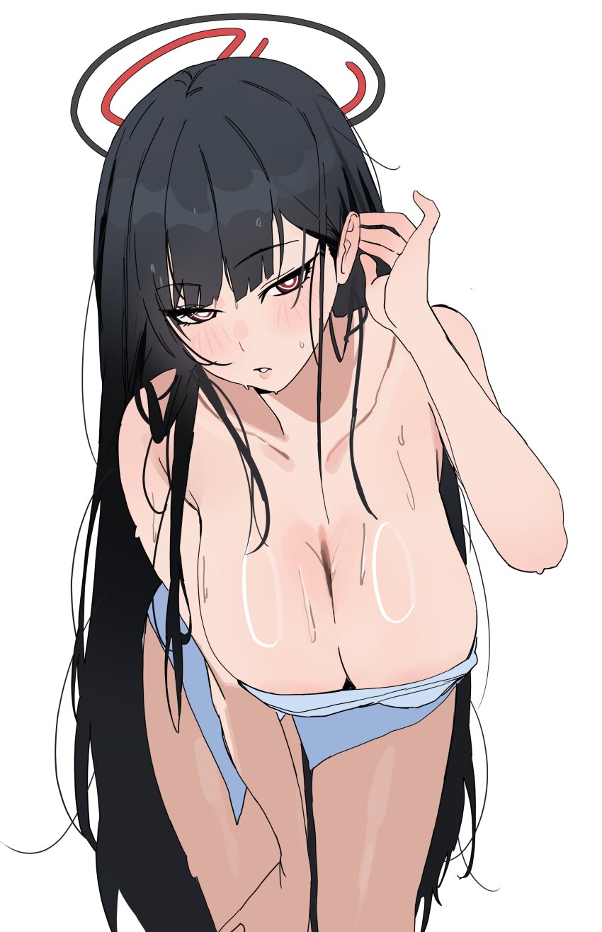 1girl absurdres black_hair blue_archive blush breasts cleavage halo hand_on_own_ear highres large_breasts leaning_forward long_hair looking_at_viewer multicolored_halo naked_towel open_mouth red_eyes riel_(rielilu) rio_(blue_archive) seductive_smile smile solo towel very_long_hair wet white_background