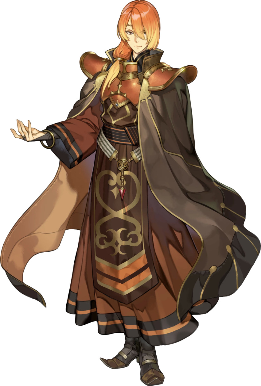 1boy armor bracelet breastplate brown_eyes cape circlet fire_emblem fire_emblem_echoes:_shadows_of_valentia fire_emblem_heroes full_body gradient_hair highres jewelry long_hair looking_at_viewer low-tied_long_hair luthier_(fire_emblem) maco_(wondermind) male_focus multicolored_hair nintendo non-web_source official_art orange_hair pointy_footwear solo transparent_background