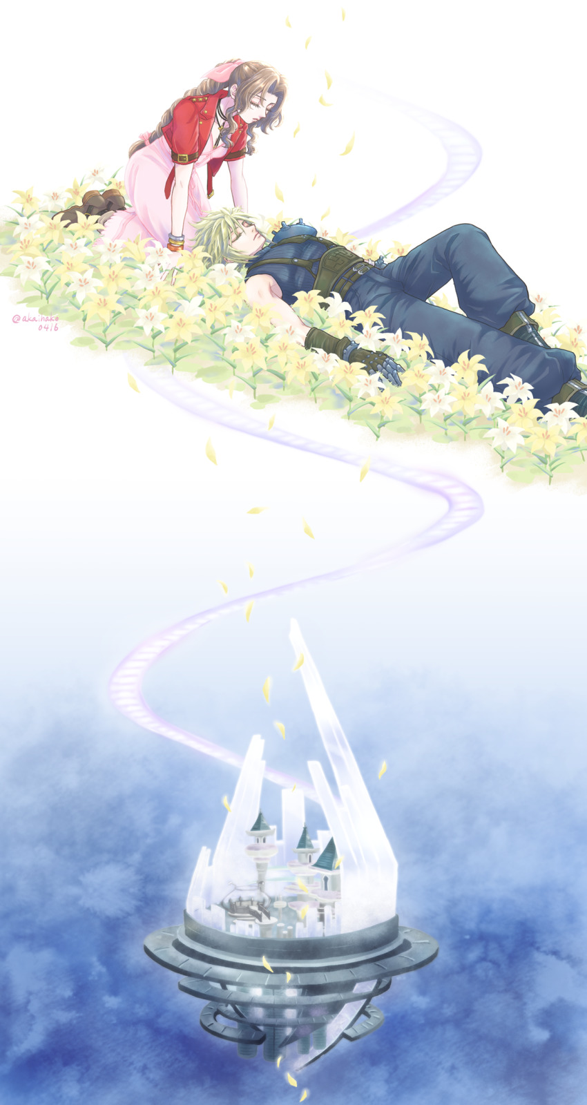 1boy 1girl aerith_gainsborough altar armor baggy_pants bangle belt belt_buckle blonde_hair blue_pants blue_shirt boots bracelet braid braided_ponytail brown_footwear buckle choker city closed_eyes cloud_strife cropped_jacket dress falling_petals field final_fantasy final_fantasy_vii final_fantasy_vii_remake flower flower_field forgotten_city gloves hair_between_eyes hair_ribbon highres jacket jewelry kneeling leaning_forward leg_up long_dress long_hair lying multiple_belts on_back pants parted_bangs parted_lips petals pink_dress pink_ribbon red_jacket ribbon shirt short_hair short_sleeves shoulder_armor sleeveless sleeveless_turtleneck spiked_hair spiral_staircase square_enix stairs suspenders tower turtleneck twitter_username wavy_hair white_flower yellow_flower you_(blacknwhite)