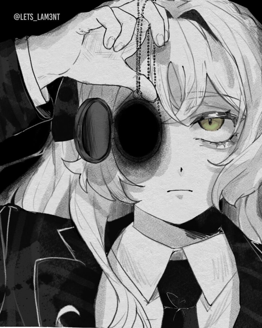 1girl black_jacket bygone_days_(e.g.o) closed_mouth collared_shirt commentary e.g.o_(project_moon) empty_picture_frame english_commentary formal_clothes green_eyes hairband highres ishmael_(project_moon) jacket jewelry lets_lam3nt limbus_company locket long_hair long_sleeves looking_up necktie one_eye_covered partially_colored pendant picture_frame project_moon redrawn shirt sidelocks simple_background solo twitter_username white_shirt