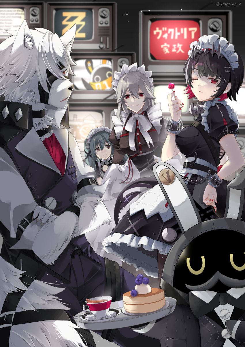 1boy 3girls alexandrina_sebastiane animal_ears bangboo_(zenless_zone_zero) black_hair blush candy collared_vest colored_inner_hair corin_wickes crossed_arms ellen_joe fins fish_tail food frilled_wristband green_eyes grey_hair hair_between_eyes hairband highres holding holding_candy holding_food holding_lollipop komesiwo_syumi lollipop long_hair maid maid_headdress metal_hairband mole mole_under_eye multicolored_hair multiple_girls muzzle_(mask) one_eye_closed red_eyes screw_hair_ornament shark_girl shark_tail smile spiked_headband tail twintails vest von_lycaon white_fur wolf_boy wolf_ears wolf_tail zenless_zone_zero