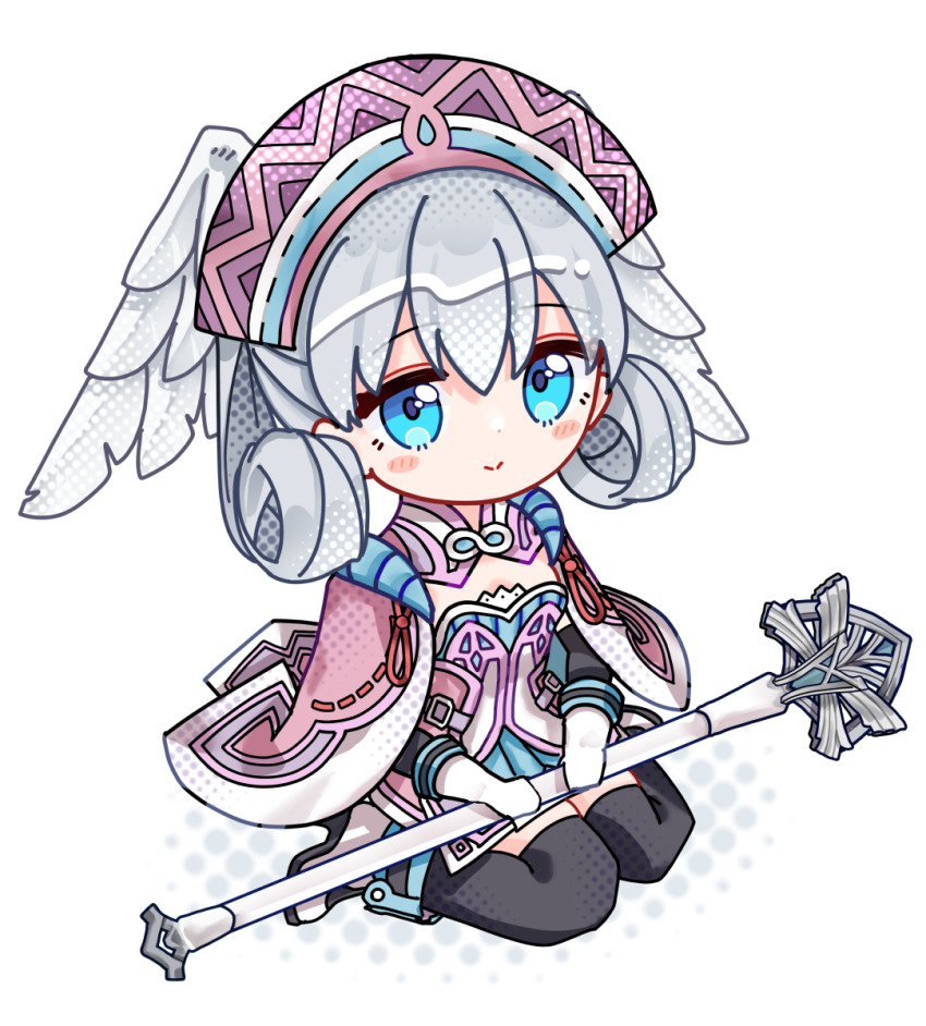1girl black_thighhighs blue_eyes chibi chibi_only closed_mouth commentary curly_hair grey_hair highres holding holding_staff long_hair looking_at_viewer melia_antiqua sarasadou_dan simple_background sitting smile solo staff thighhighs wariza white_background xenoblade_chronicles_(series) xenoblade_chronicles_1