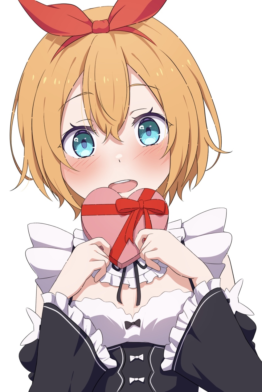 1girl aqua_eyes blush bow_hairband breasts frilled_sleeves frills gift hair_between_eyes hairband highres holding holding_gift maid na-suke open_mouth orange_hair petra_leyte re:zero_kara_hajimeru_isekai_seikatsu red_hairband short_hair simple_background small_breasts smile solo teeth upper_teeth_only valentine white_background wide_sleeves