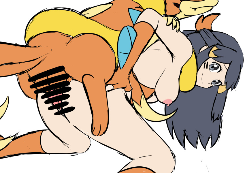 1girl absurdres bent_over blue_hair breasts censored completely_nude dawn_(pokemon) floatzel gen_4_pokemon grey_eyes highres interspecies legs_apart nintendo nipples nivi nude penis pokemon pokemon_dppt pokephilia sex white_background