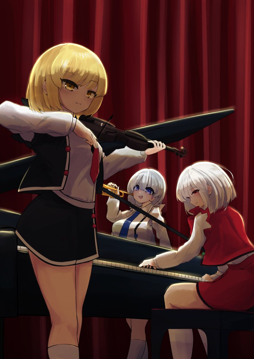 3girls absurdres black_jacket black_skirt blonde_hair blue_eyes highres instrument jacket lunasa_prismriver lyrica_prismriver merlin_prismriver multiple_girls music necktie piano playing_instrument red_eyes red_jacket red_skirt shinonome_zakuro shirt short_hair skirt touhou trumpet violin white_hair white_jacket white_shirt yellow_eyes
