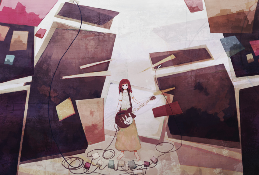 1girl abstract barefoot female_focus guitar instrument long_hair original pedal red_hair solo tatat_(artist)